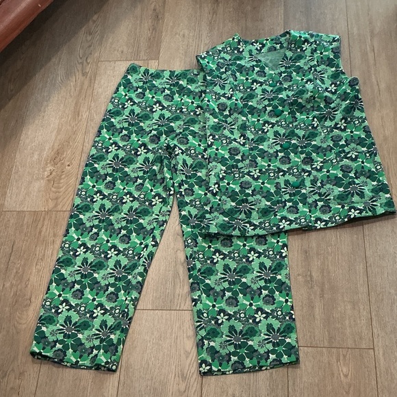Vintage Retro 70s Vest Pants Leisure Suit Set Green Floral Boho Size Large? - Picture 1 of 10
